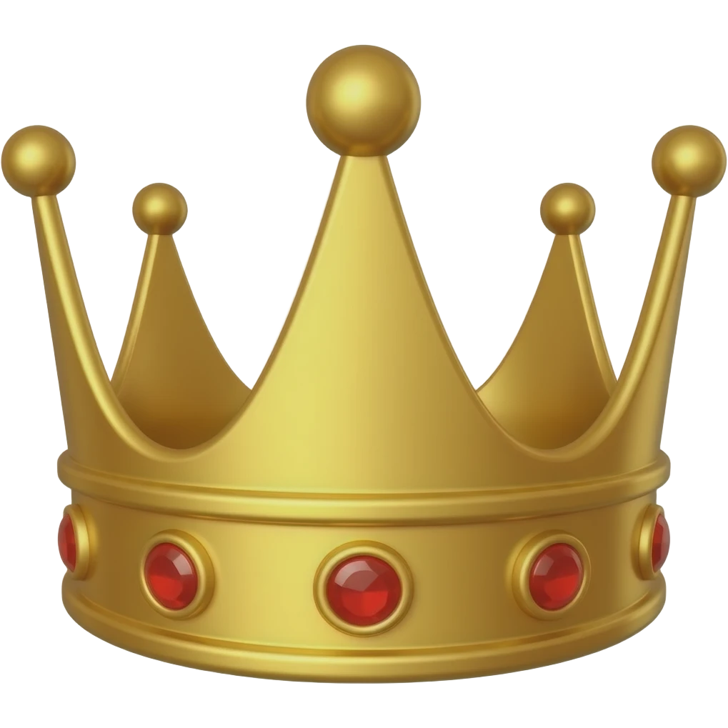 Single small golden king crown, simple emoji-style crown identical to the ones placed on Messi’s Barcelona jersey, shiny gold, rounded cartoon design, tiny red jewels, front-facing, centered, transparent background. emoji