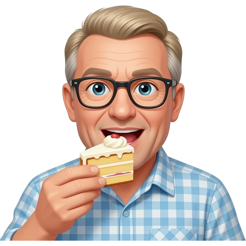 Fat older man wirh blonde grayish hair wearing glasses eating a big piece of ice cream cake emoji