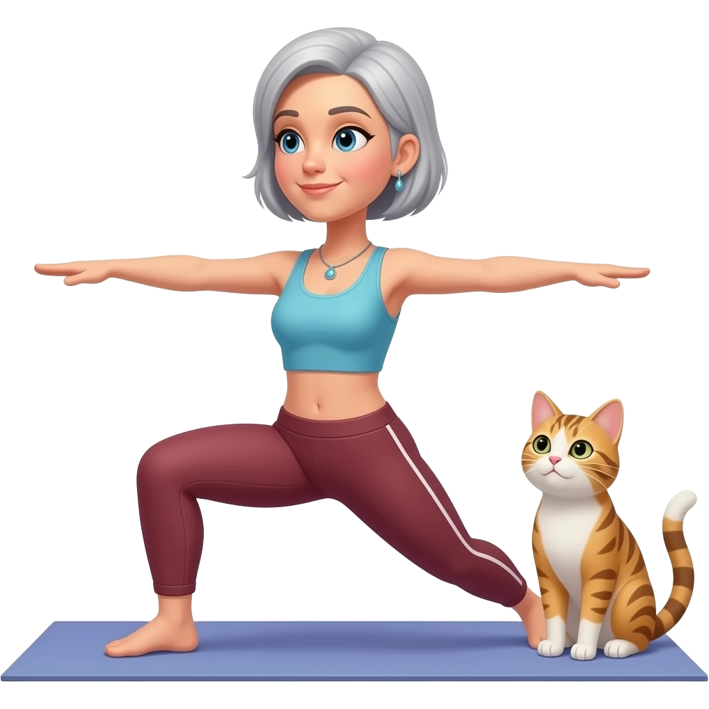 a female short gray hair yoga teacher doing yoga warrior pose (profile look) along her cat emoji