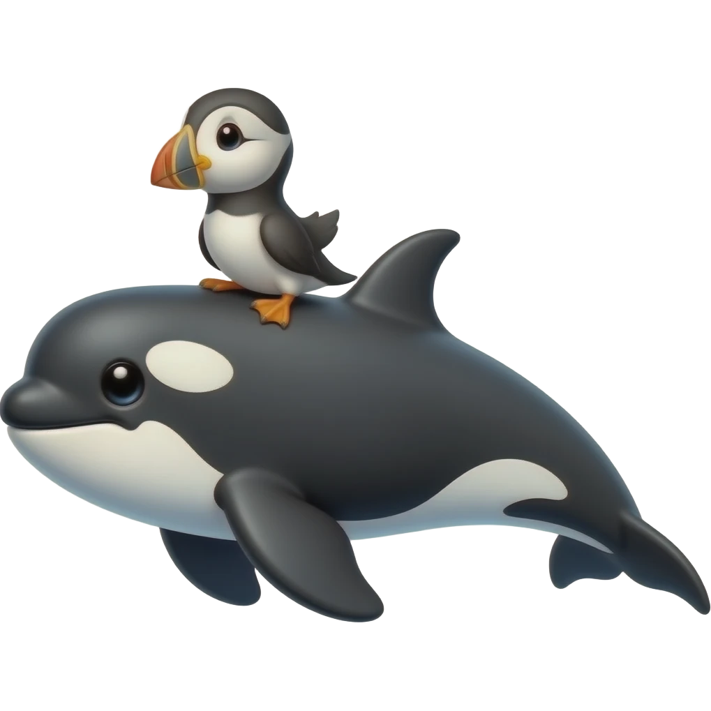 Very small Puffin riding an orca emoji | AI Emoji Generator