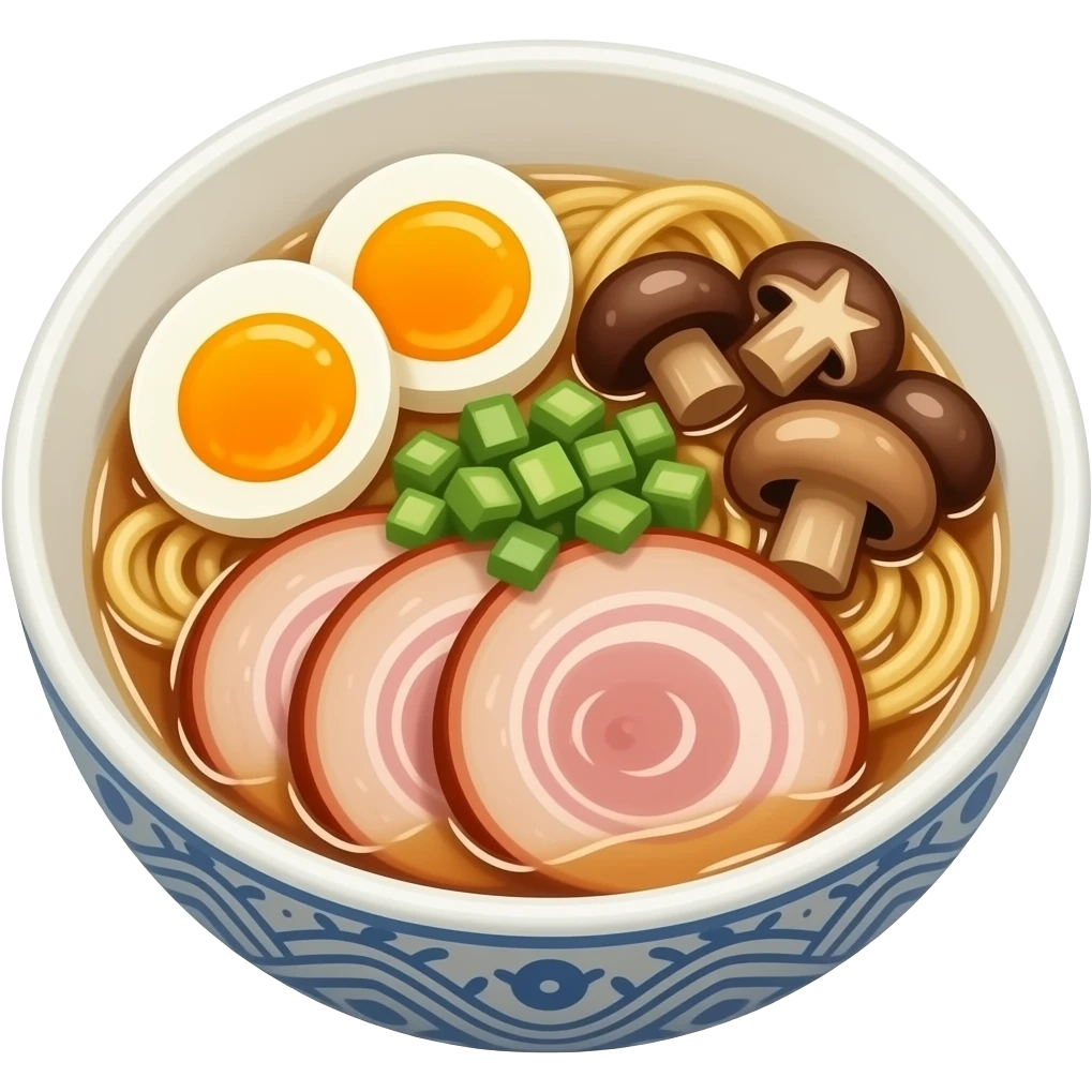 tonkotsu ramen bowl with noodles, sliced pork, halved boiled egg and mushrooms, glossy juicy cartoon food render, chunky inflated shapes, simplified textures, clean icon rendering, vibrant colors, emoji style, mobile game icon, centered composition, isolated object, transparent background emoji