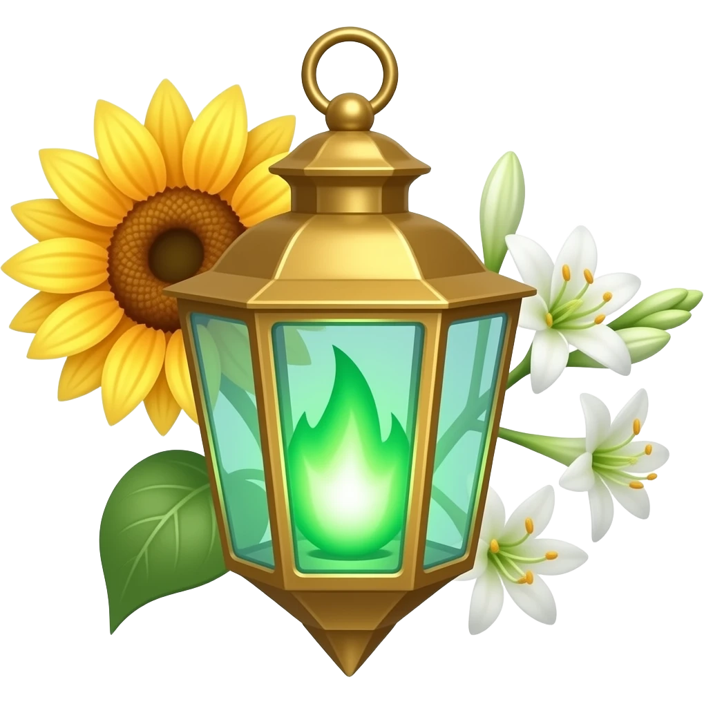 A golden hanging lantern with a bright emerald flames, an empty loop on top, sunflower & asphodel themed, but simple focus more on the green flames, paint the glass more green, have its bottom point come to some sort of point emoji