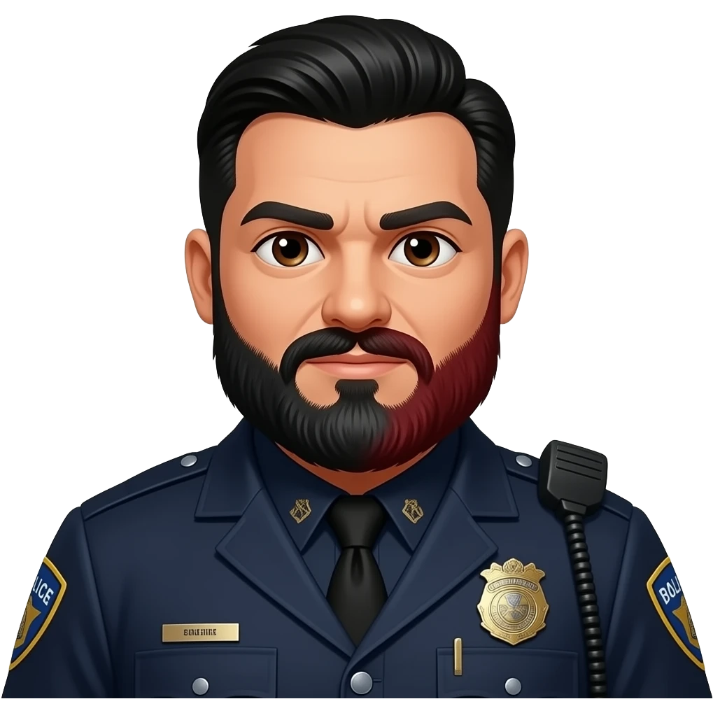 heavy set police officer detective with a full black/red beard and slicked back black hair brown eyes emoji