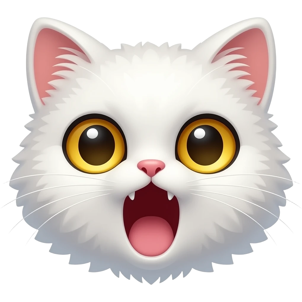 cute white cat with golden eyes, fluffy fur, polished chibi style, discord emote, twitch emote, transparent background, thick clean outline, soft shading, expressive face, high contrast, screaming emoji