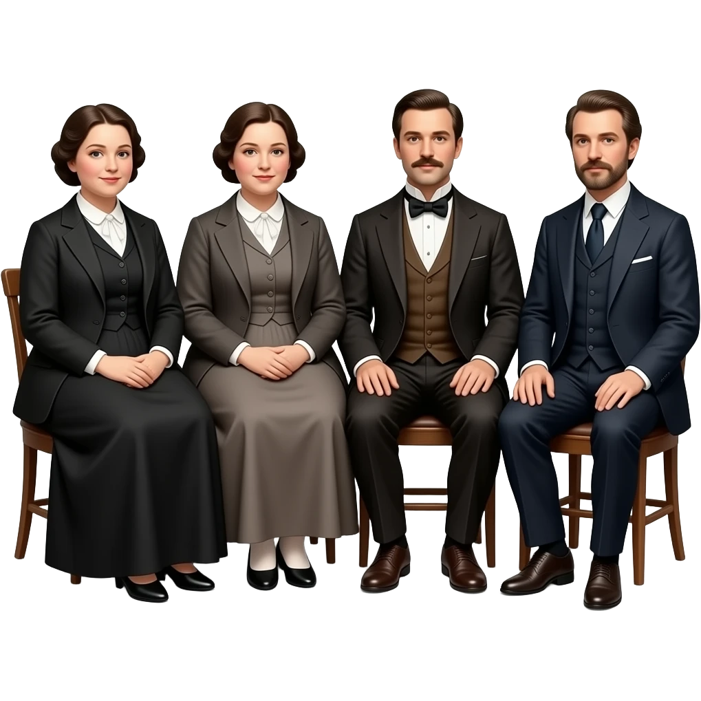 two big fat mothers and two small thin fathers depicted in sitting poses as in daguerreotypes posing in vintage bourgeois suits emoji