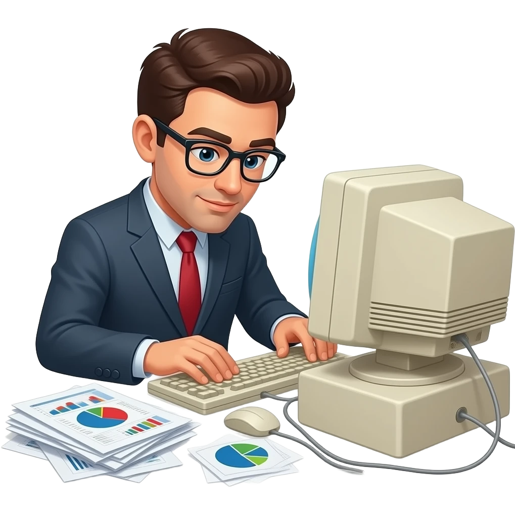 socia scientist collecting their messy data  focused working with old computer looking down busy emoji