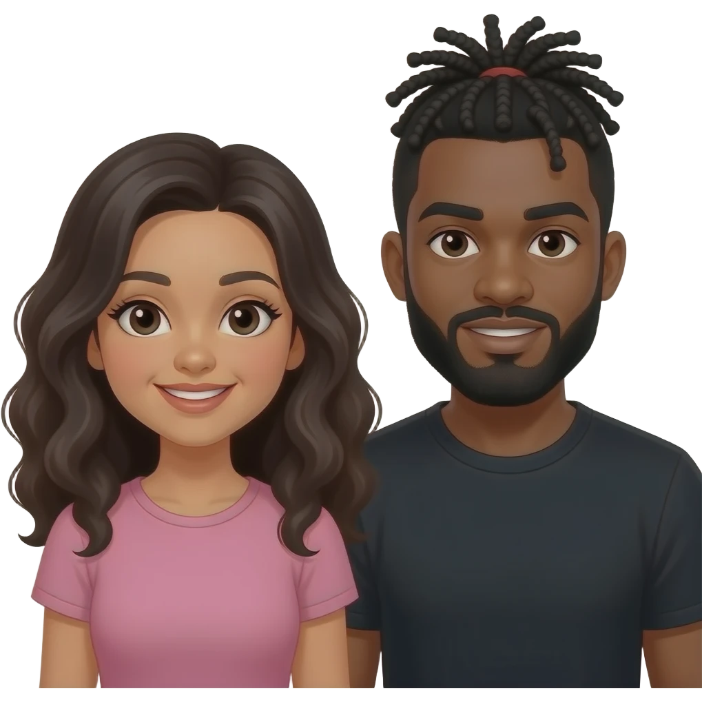 Black hair Hispanic girl with wavy hair and black guy with black cornrows and thick beard eating emoji