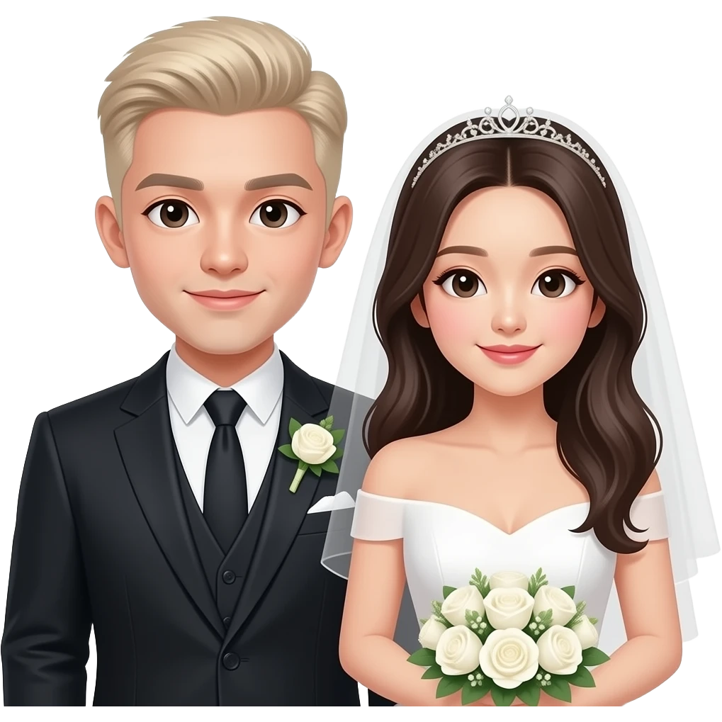 White blond man with buz cut, korean woman, wedding emojie emoji