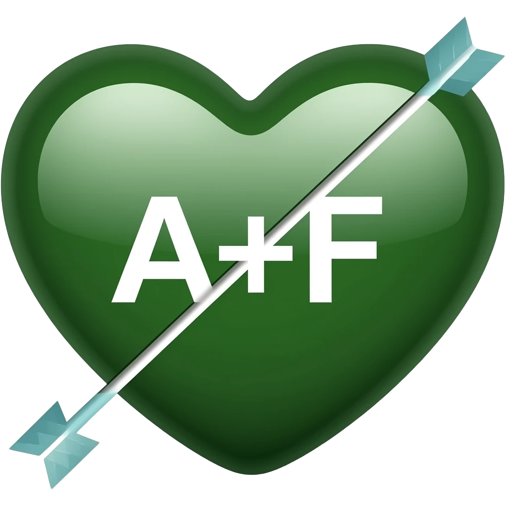 Dark green Heart with arrow going through it with “A+F” in the middle of the heart emoji