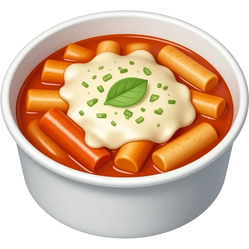 korean tteokbokki with melted mozzarella cheese in white round disposable container emoji