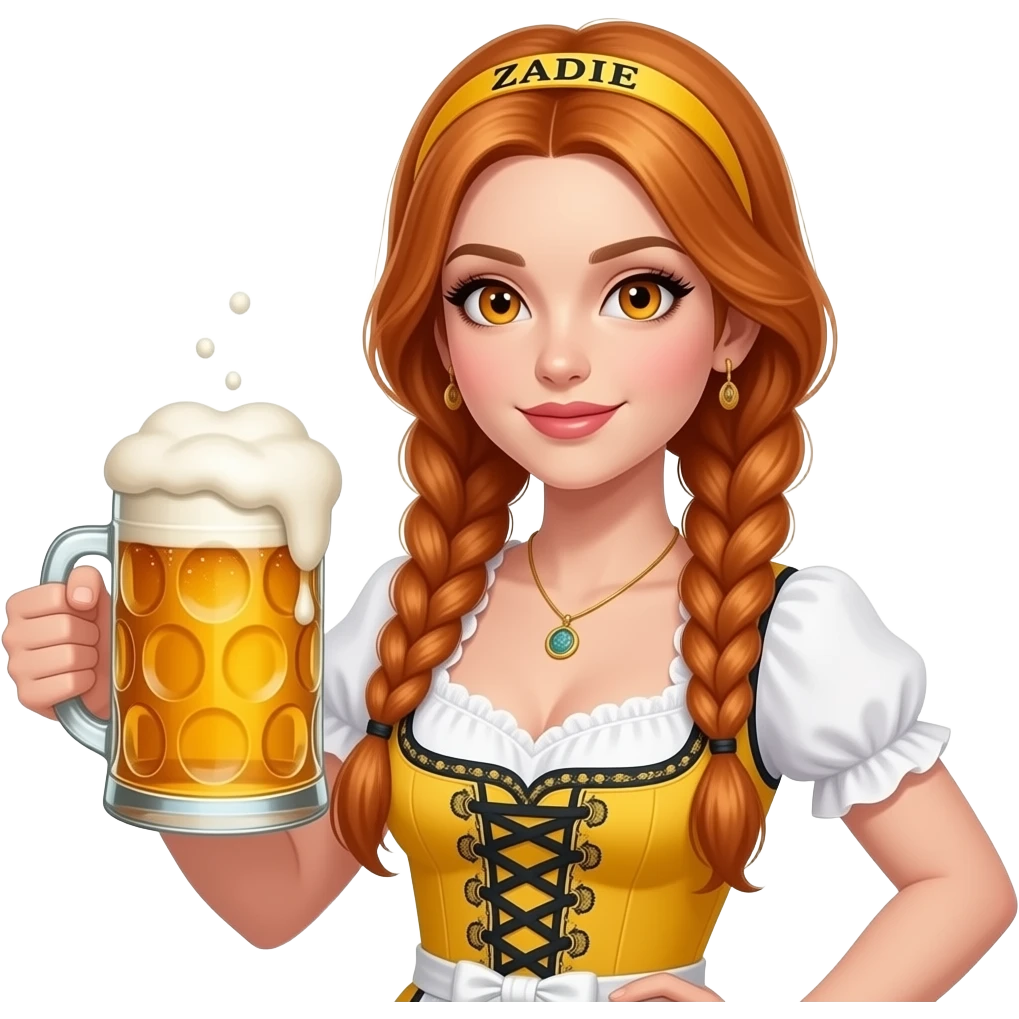 sexy girl with overlong ginger braids and ginger eyes wearing a yellow dirndl and a yellow headband with ZADIE written on it, is holding a mass beer emoji