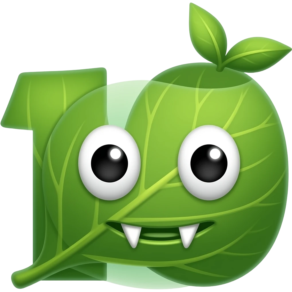 A leafy number two with 2 eyes and sharp teeth in two of its mouth and two leaves on its head emoji