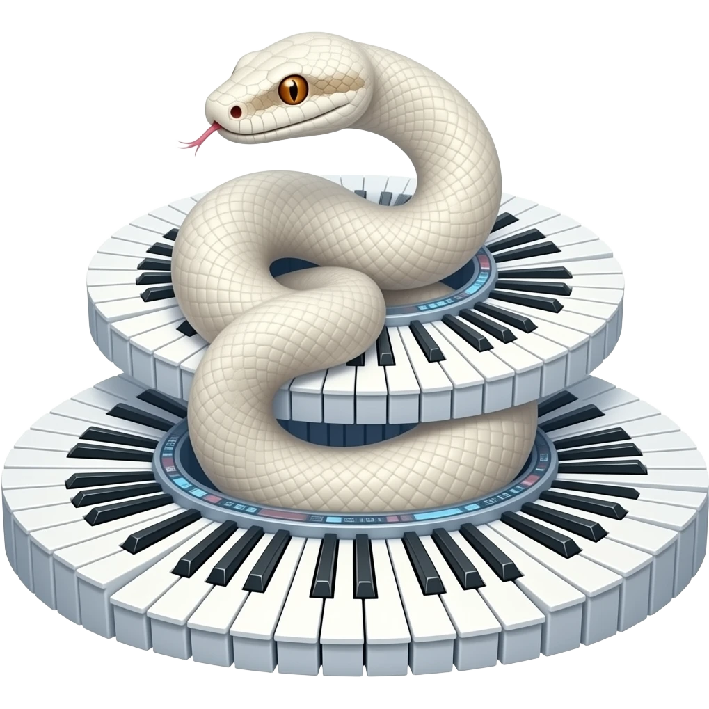 albino boa constrictor wrapped around futuristic tubular musical keyboards emoji
