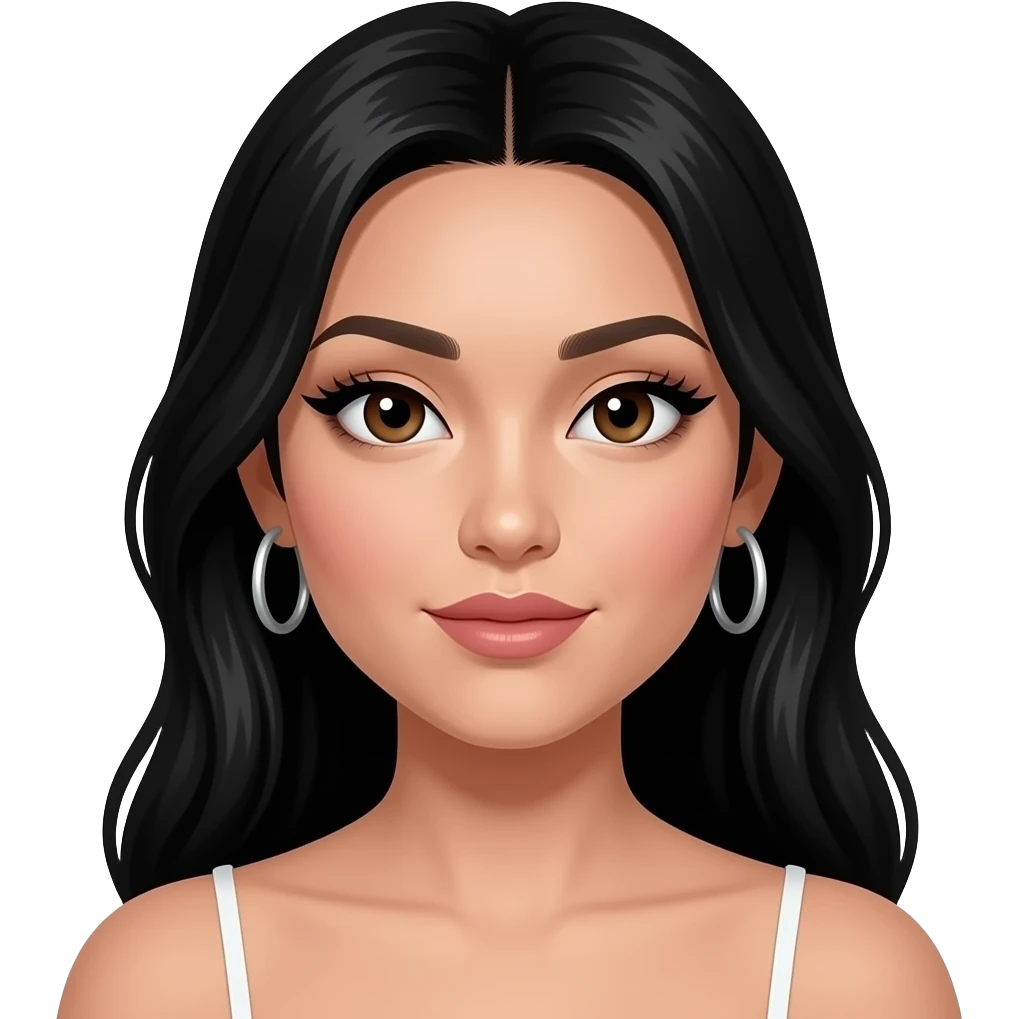 Japanese-American-woman-very-beautiful-face-long-hair-and-brown-eyes-thick-black-eyeliner-really-thick-long-eye-lashes-white-batman-spaghetti-strap-top-big-breasts-silver-hoop-earrings emoji