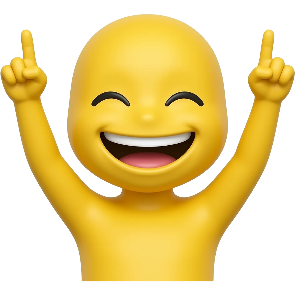Un emoji de célébration, personnage avec les deux bras levés vers le ciel, les index pointés vers le haut, visage souriant les yeux fermés de joie, style dessin plat, contours noirs épais, fond blanc, style autocollant, art vectoriel propre et coloré avec l’emoji de base jaune :-) emoji