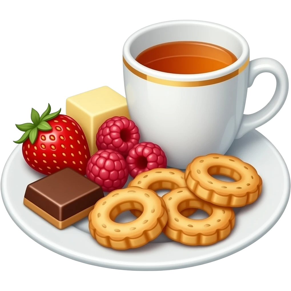 emoji-style illustration of a cozy snack plate for a reader, filled with strawberries, raspberries, chocolate, small pastries, and a cup of tea, bookish vibe, minimal background, no characters emoji