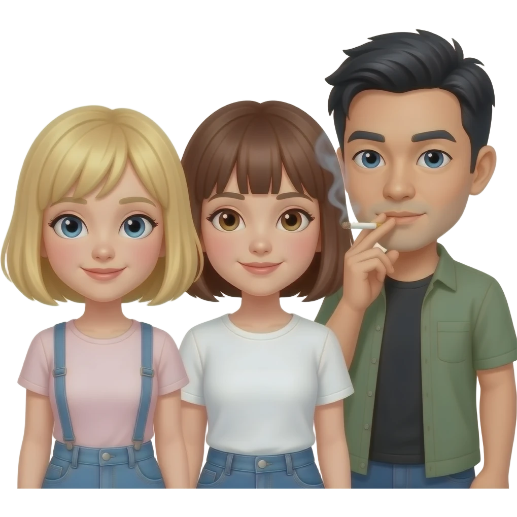 A white blonde girl with a bob, a white brunette girl with a bob, and a half white half Asian man sharing a joint emoji