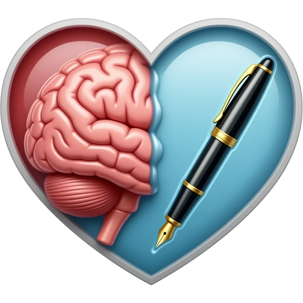 make a heart that half has a mind and the other has a pen emoji