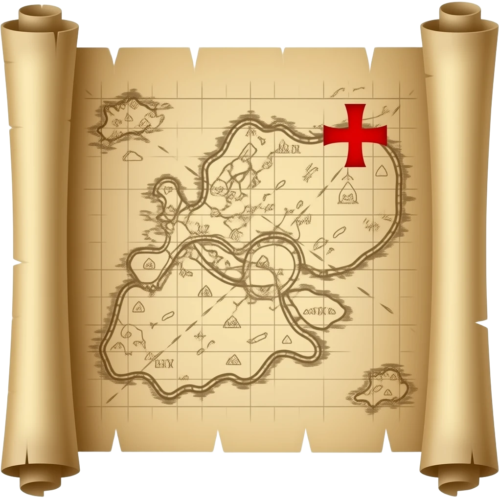 A treasure map, highly detailed, a small red Maltese cross marks the location of the treasure, old parchment, slightly scrolled ends emoji