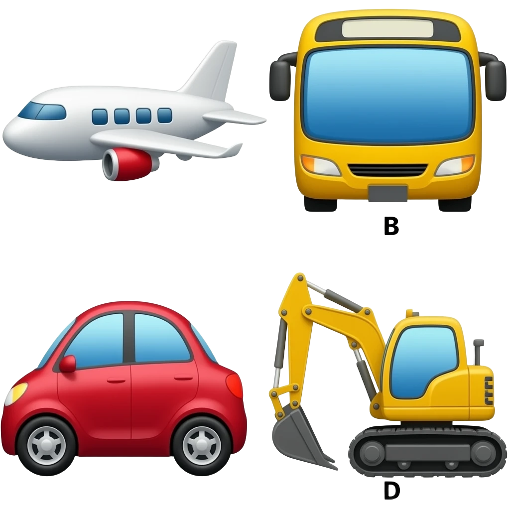 A is for airplane, b is for bus, c is for car, d is for digger emoji