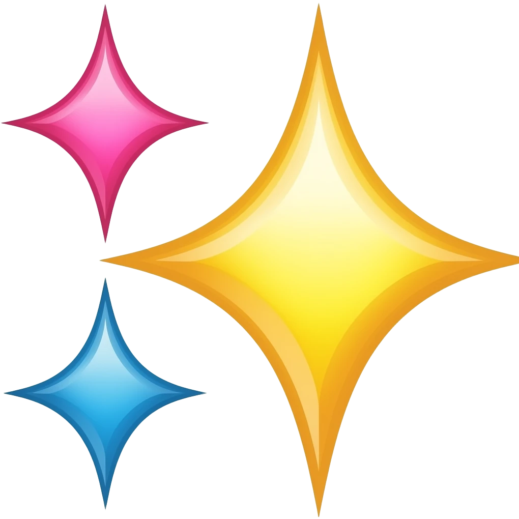 three sparkles yellow(central right) pink(top left) blue(bottom left) emoji