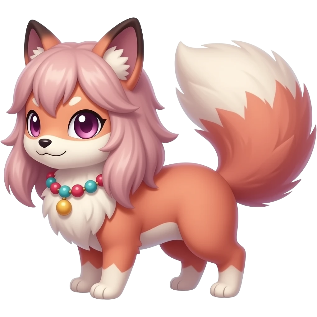 Fuzzy slim oriental feathery long-haired beaded mane cozy rosy aesthetic feathery Rosy beautiful Sylveon-Furret-Fennekin-Minccino-Espeon-Fakémon-hybrid emoji