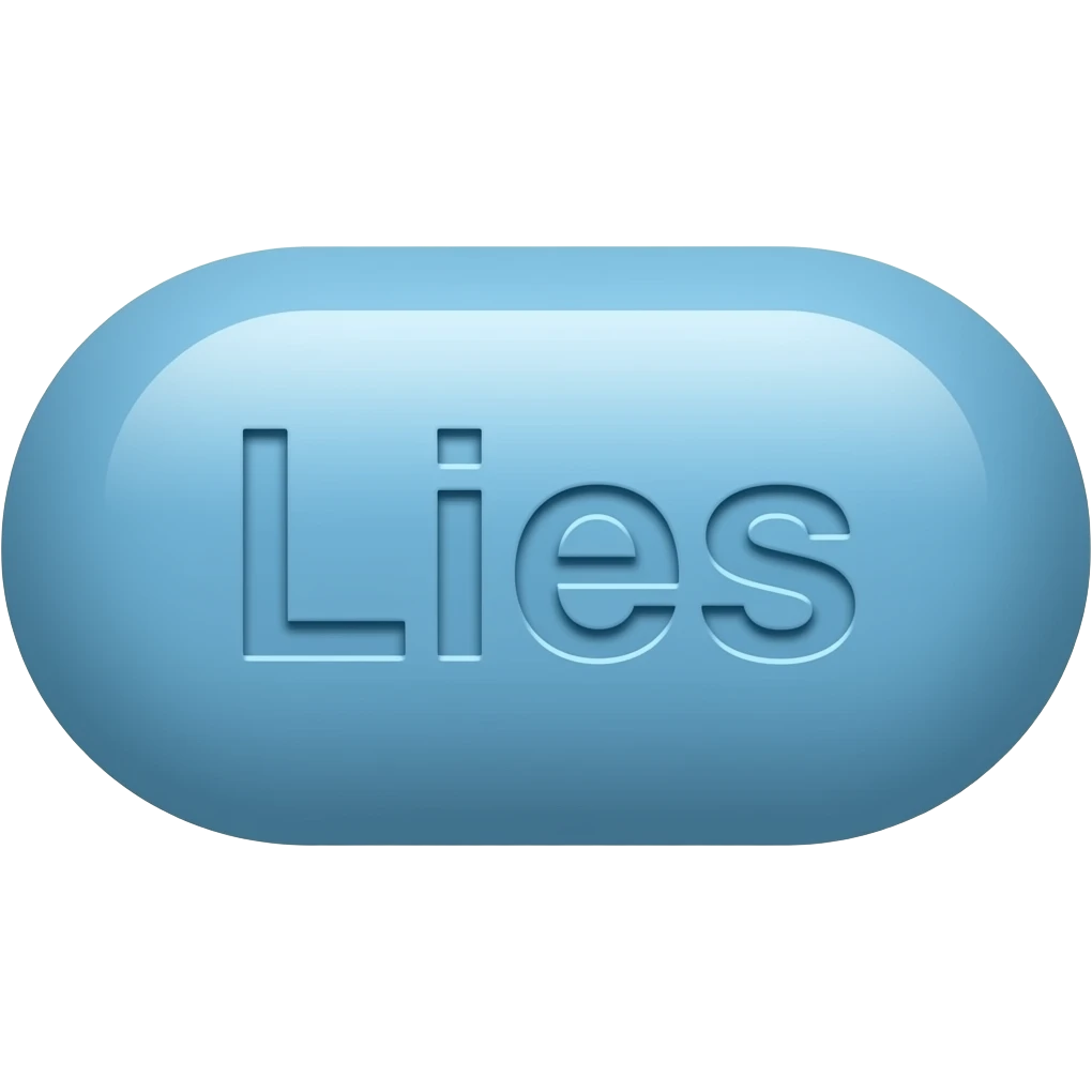 A blue oblong pill with "Lies" engraved in it. emoji