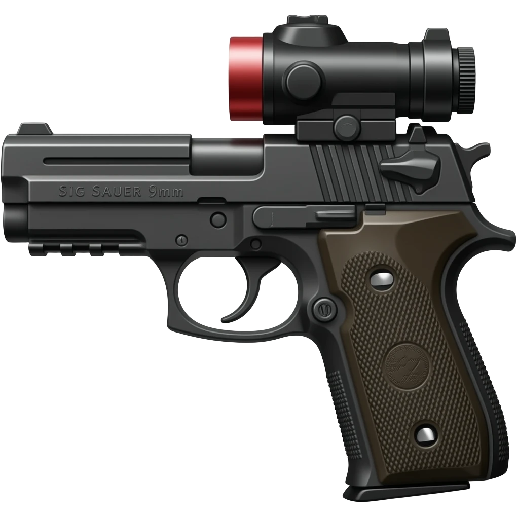 Make the sig saur 9mm pistol and add the name "Sig Saur 9mm" on the barrel . Make the name darker.   Make a red dot scope on the gun. emoji