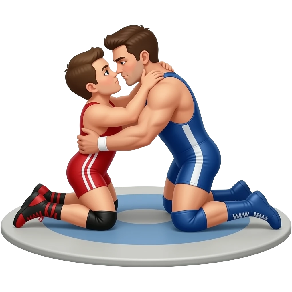 Erstelle ein Bild von zwei sexy Wrestler in kurzen, knappen und engen Wrestler-suits. die beiden haben unterschiedlich Farben an (rot und blau) und sie ringen eng umschlungen und innig miteinander auf dem Boden liegend emoji