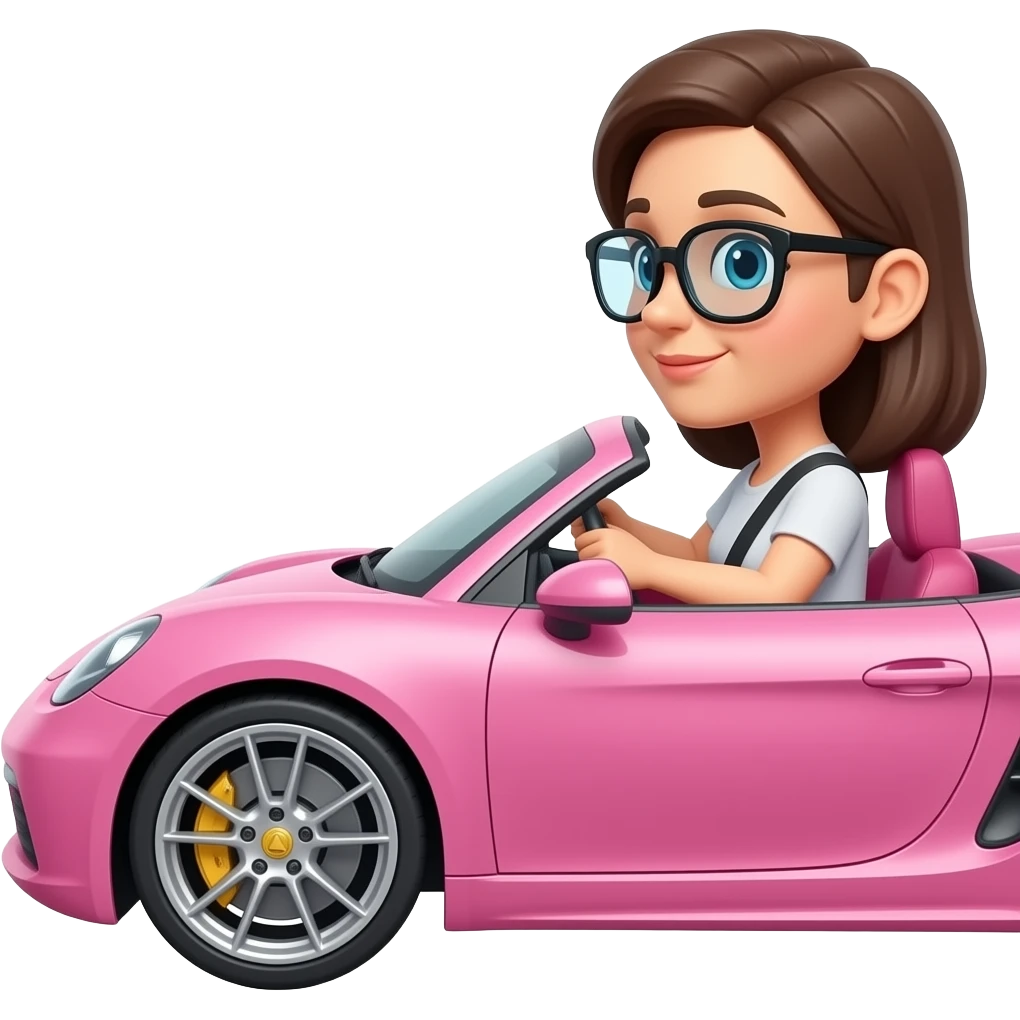 Brunette wearing glasses driving pink sports car side view emoji