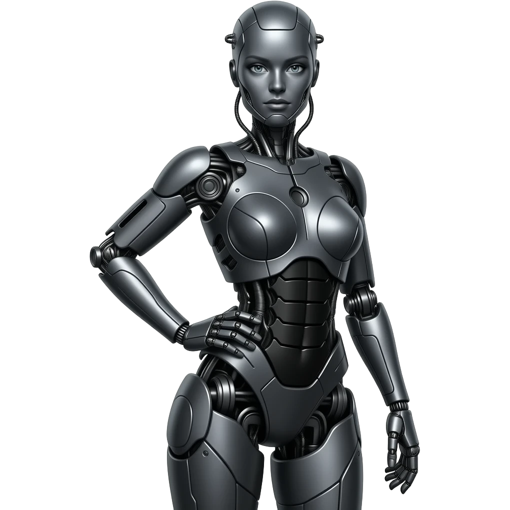A mechanical woman made of dark gray steel with black and red markings,no human features, only robot features, entire body, sexy pose, robot face, full body pose emoji