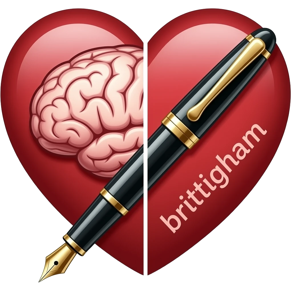 make a heart that half has a mind and the other has a pen. make writing on the pen side that says brittigham emoji