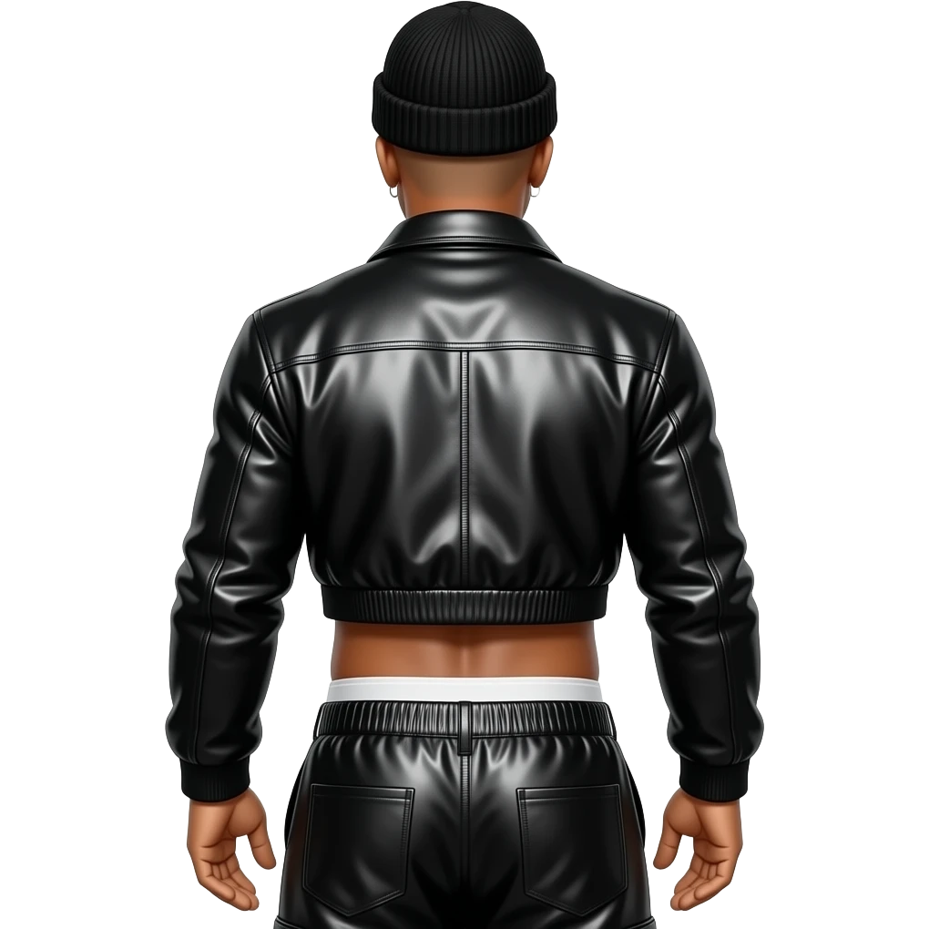 LL Cool J from behind with bald, black beanie, black metallic crop top jacket, black metallic baggy pants with white undies emoji
