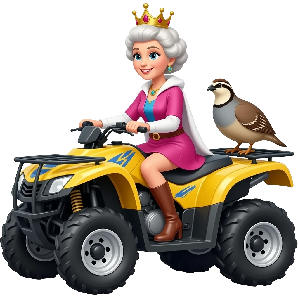 Queen driving a quad Quacker telling quail to be quiet letter q emoji