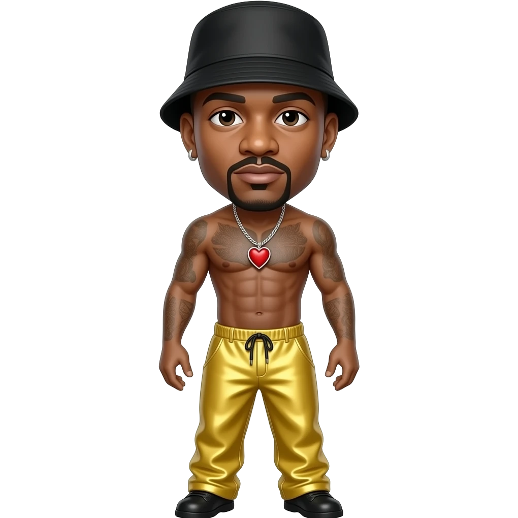 LL Cool J with bald, black bucket hat, butter yellow metallic baggy pants, shirtless with necklace with red heart, earrings emoji