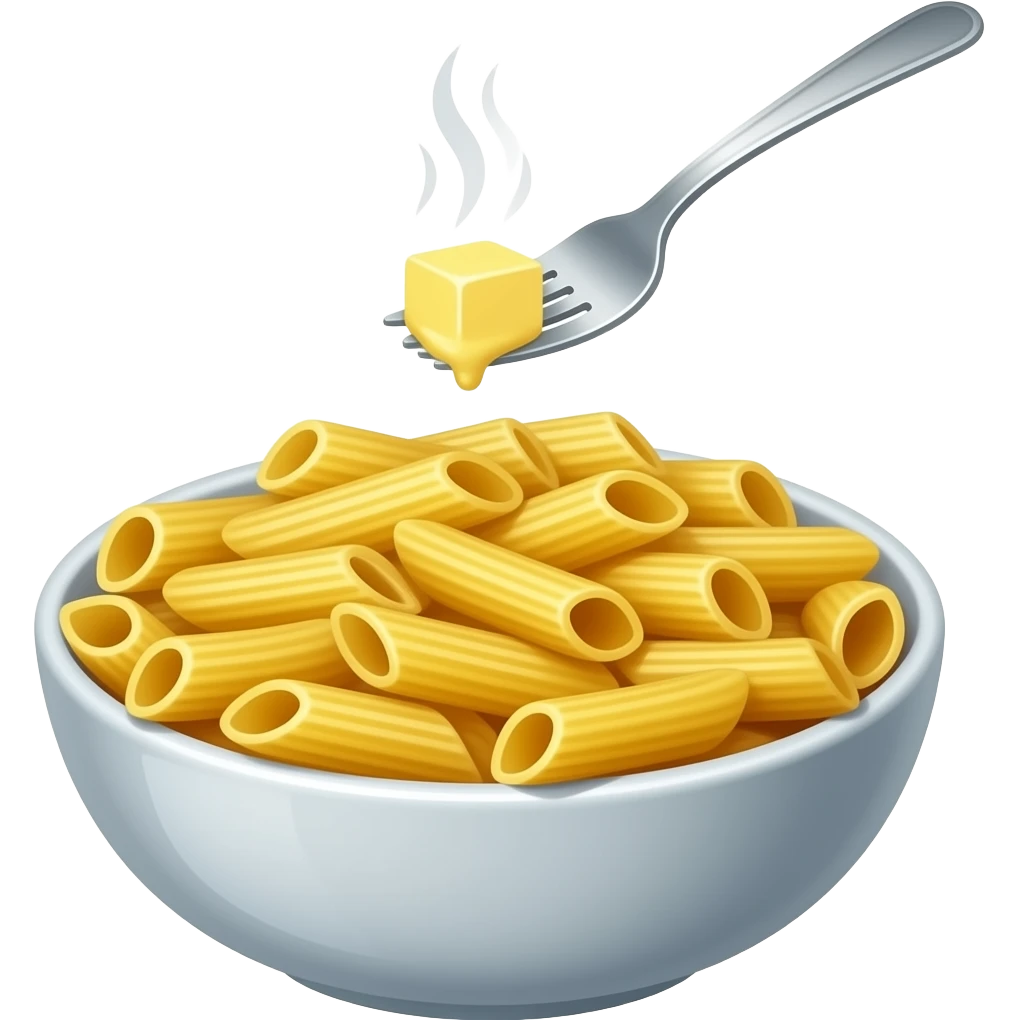 Penne noodles in a bowl with a little slab of butter in a fork and steam emoji