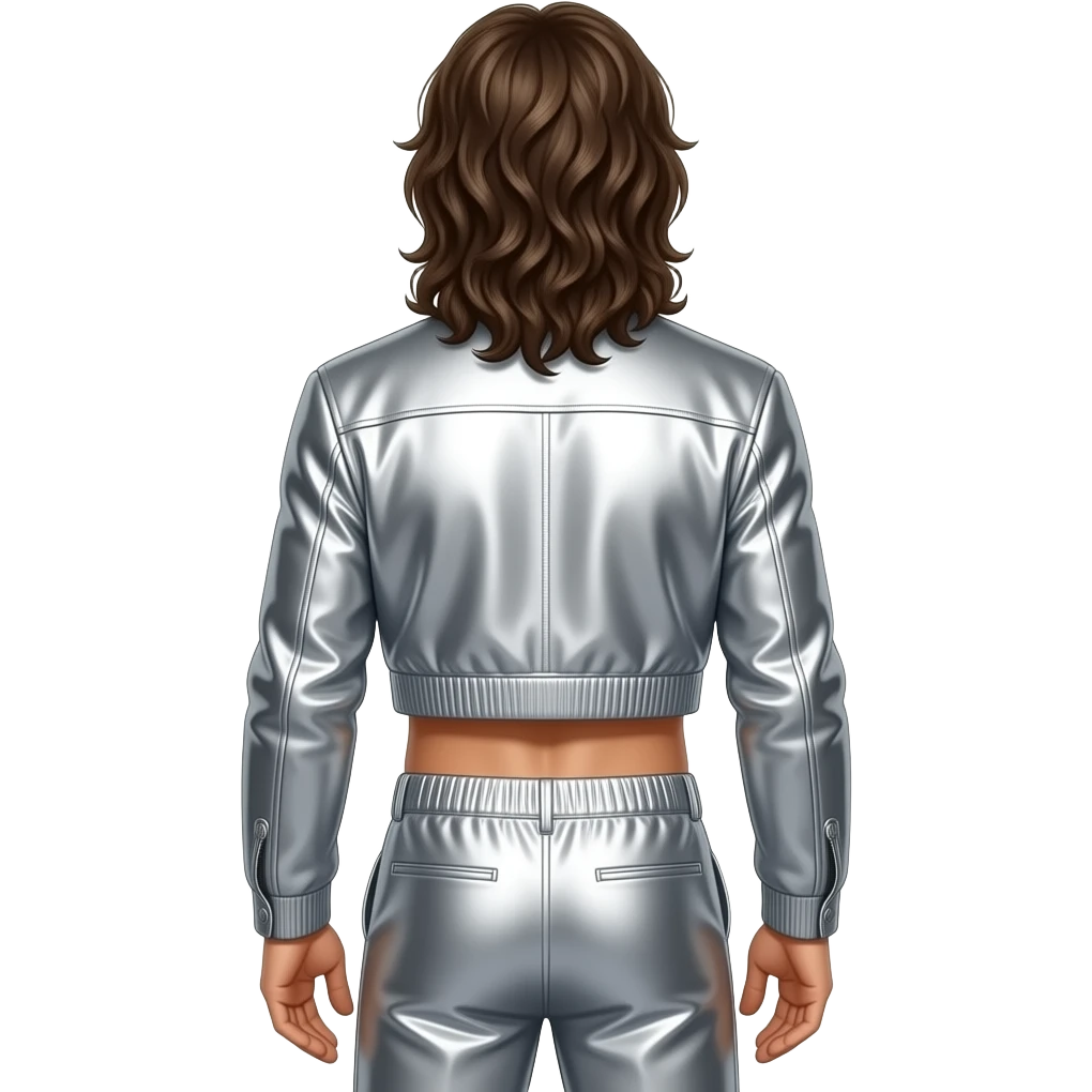Barry Gibb from behind long dark brown hair, silver metallic jacket crop top, silver metallic baggy pants, shirtless emoji