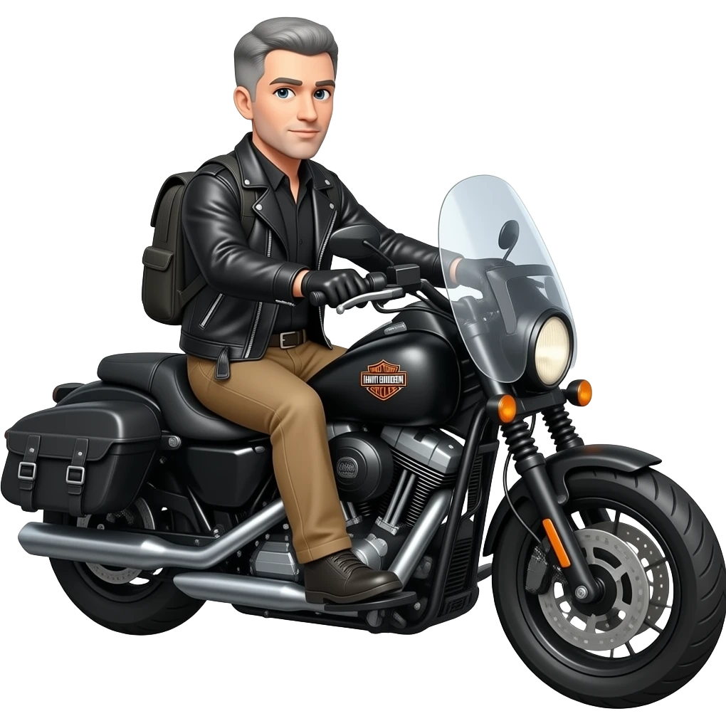 Gray and black short hair clean shaven man with no beard in black leather jacket and black shirt and tan pants and not wearing a obackpack  riding on a harley with a windshield and saddlebags and the orange bar and shield harley logo emoji
