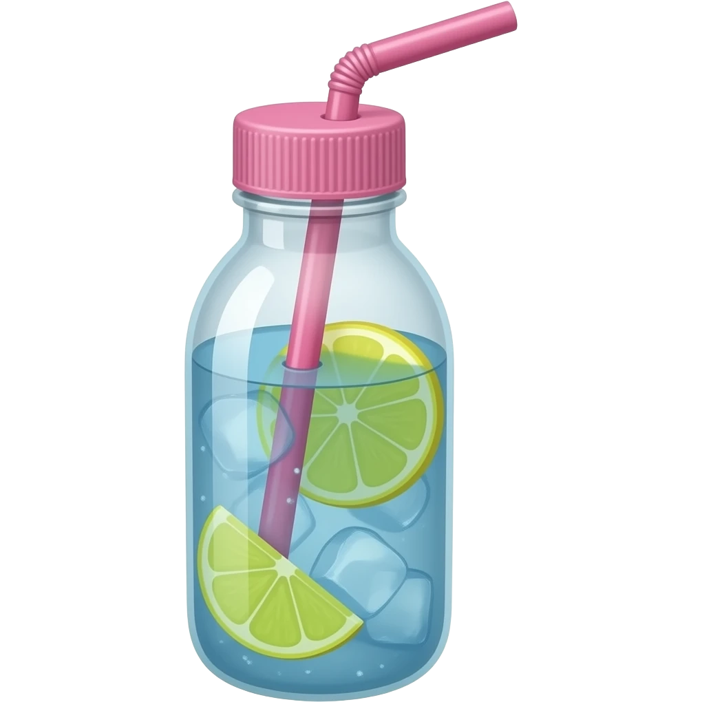 Pink water bottle with ice cold blue water with lemon slices and a pink straw. Realistic emoji
