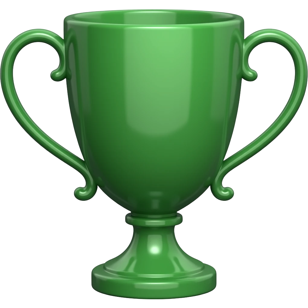 iOS emoji style, classic champion trophy cup, realistic proportions, clean 3D design, glossy green plastic material, soft light reflections, smooth curved handles, elegant silhouette, minimalistic, centered composition, high quality, transparent background emoji
