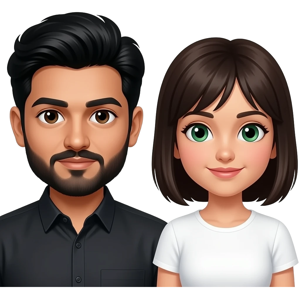 Pakistani guy with black hair, mustache and beard and white girl with medium black hair without bangs and green eyes emoji