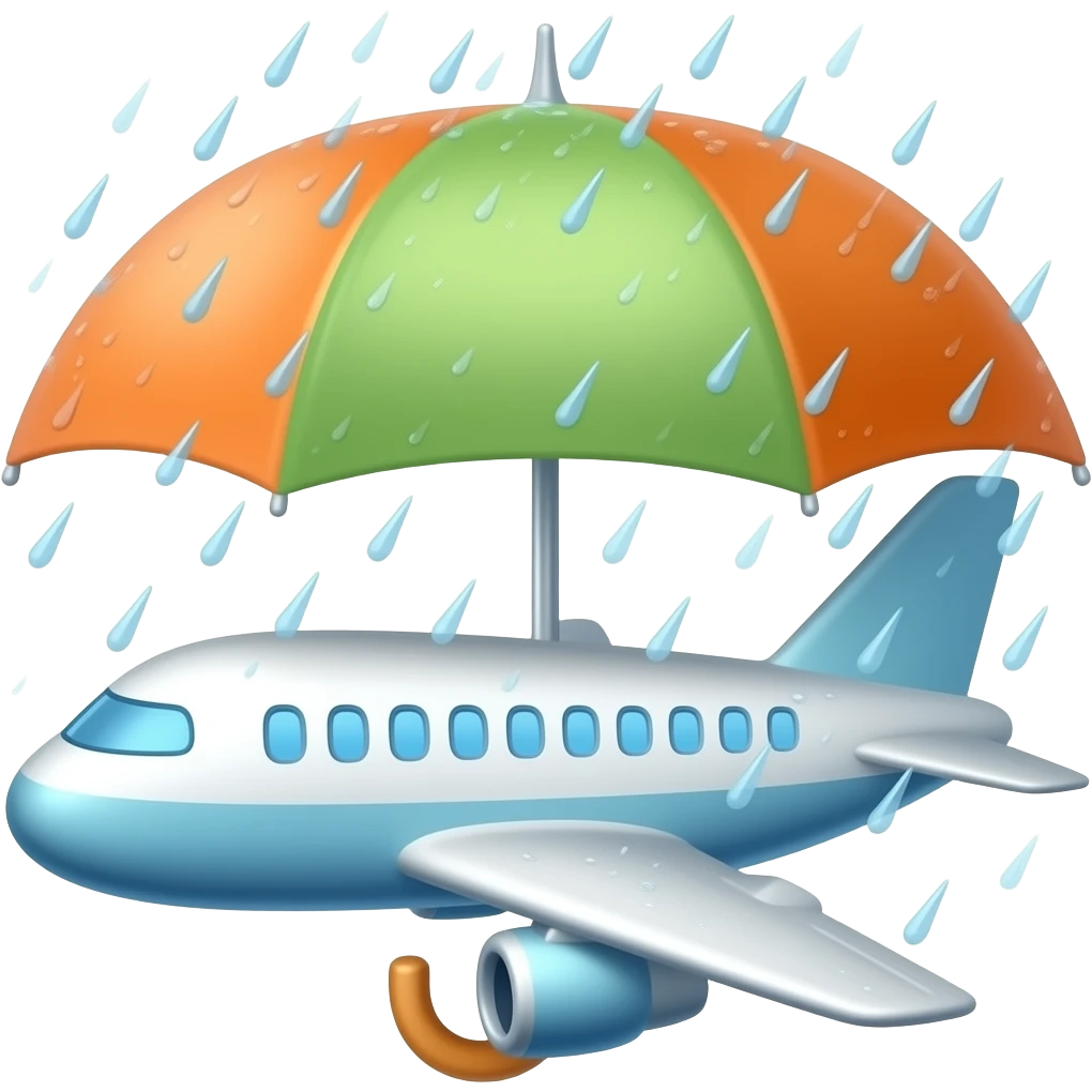 It is raing on airplane and a umbrella covers the plan emoji