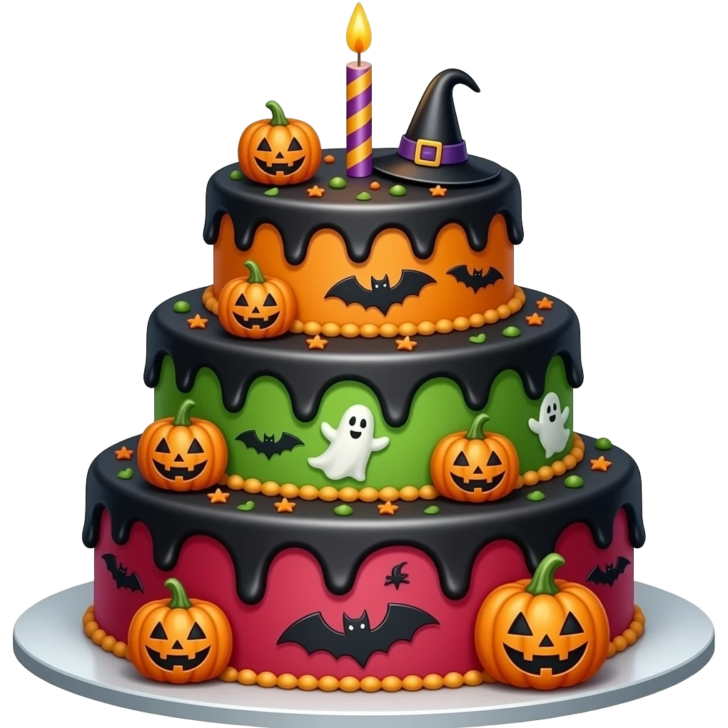 Halloween birthday cake, 3 tiers, with black orange, green, red, and purple emoji