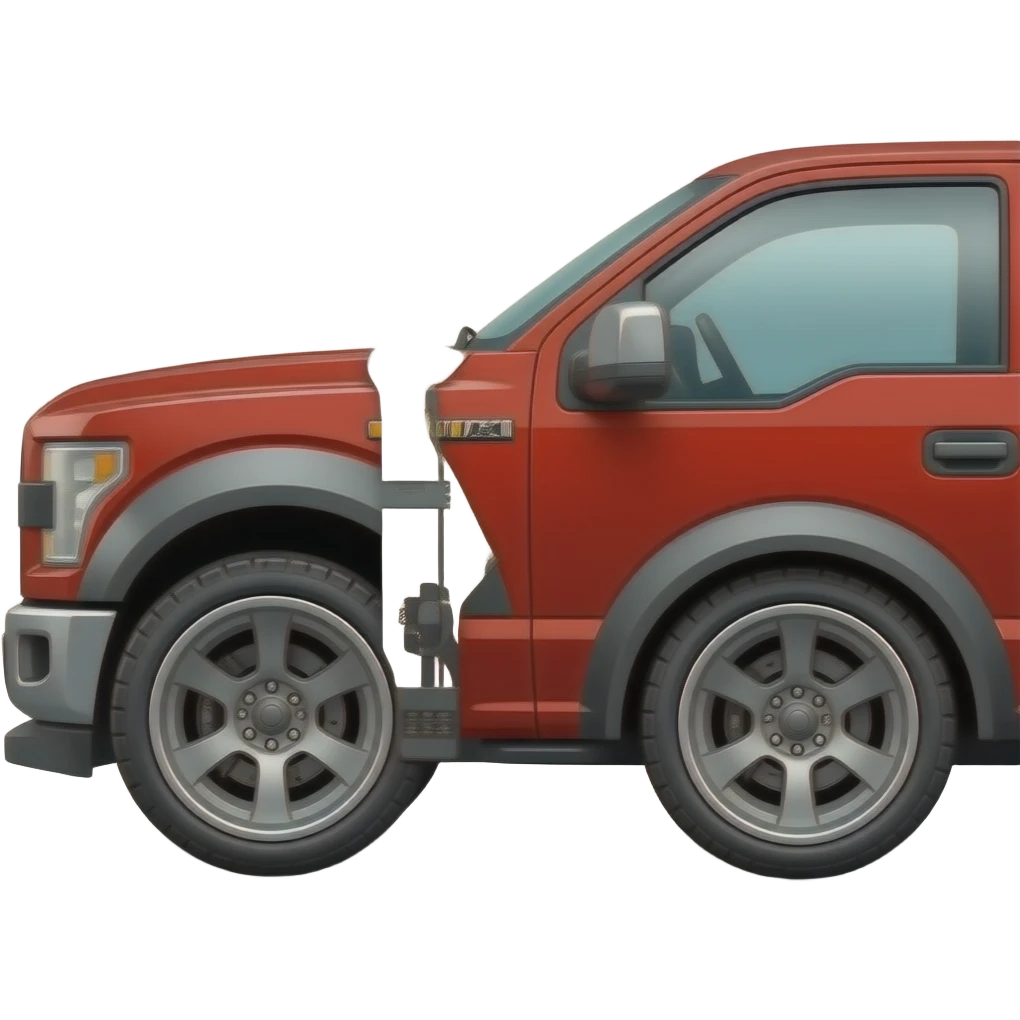 red ford f-150 with WIDE STANCED WHEELS SIDE VIEW with trailer attached towing a heavy load emoji