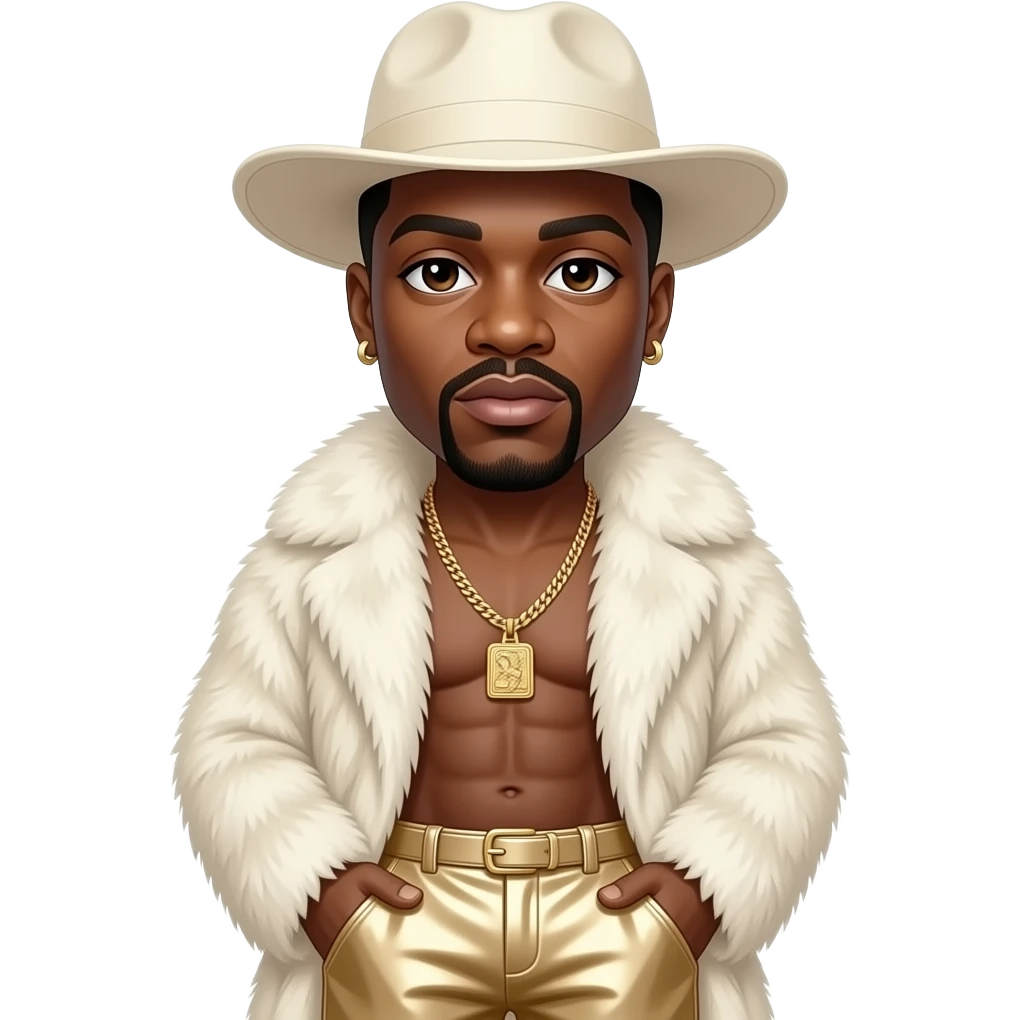 The Notorious B.I.G. with dark brown eyes, black buzz cut hair, ivory hat, ivory fur shawl, ivory metallic baggy pants, shirtless with necklace and earrings emoji