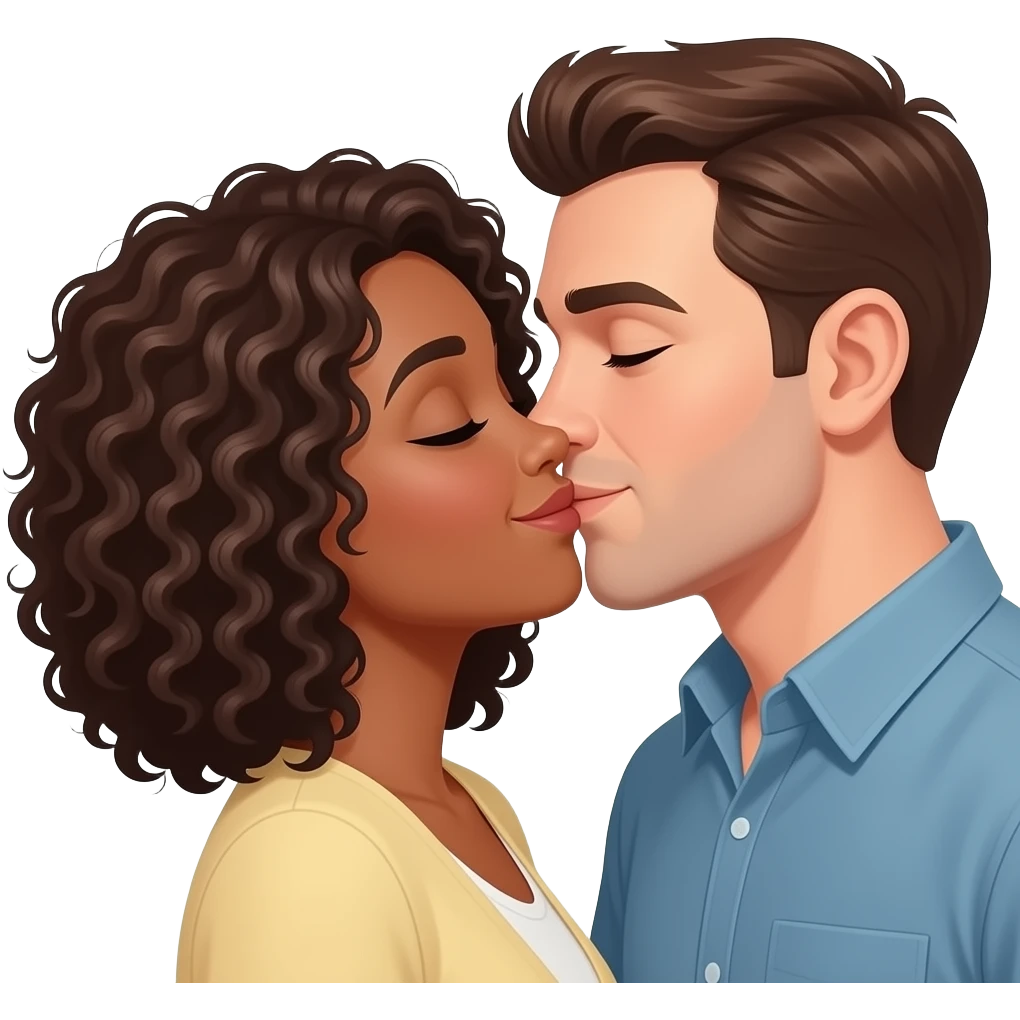 Quiero un avatar de Dos pareja besandose la chica es morena con cabello rizado, y hombre su piel es  blanca emoji