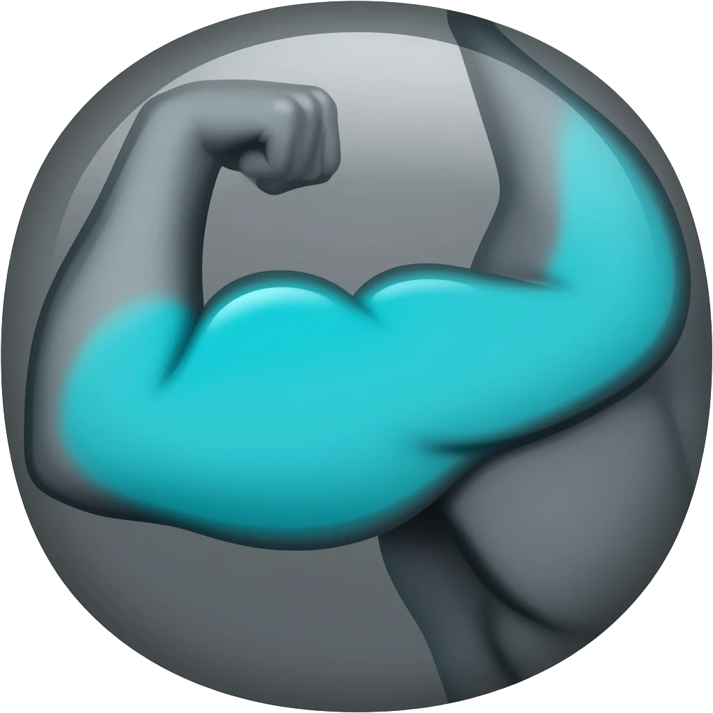 Minimal anatomical icon, dark background, front view arms in dark grey, ONLY the biceps muscle bulge on the FRONT highlighted in glowing cyan-teal #00D4B1 emoji