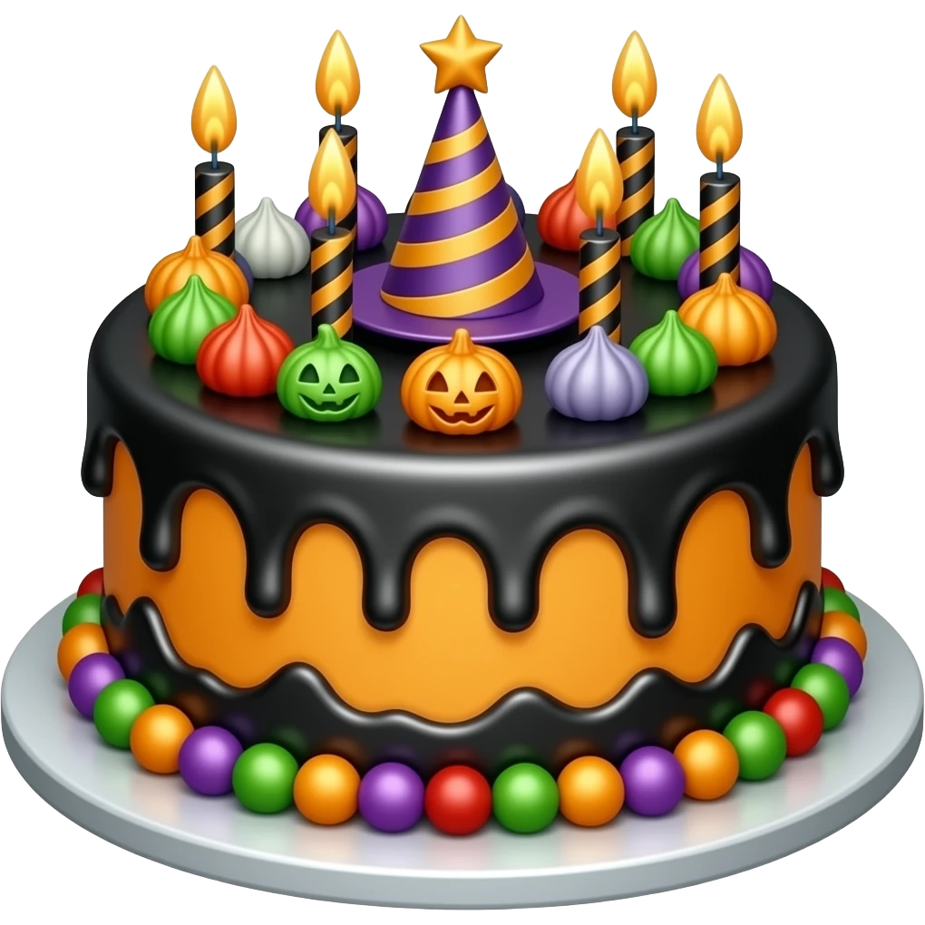 Halloween birthday cake, with black orange, green, red, white and purple emoji