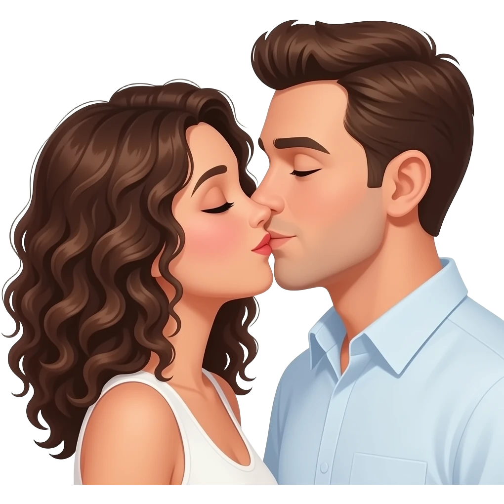 Besos de pareja chica morena con cabello rizado y hombre blanco con ojos marrones claros emoji