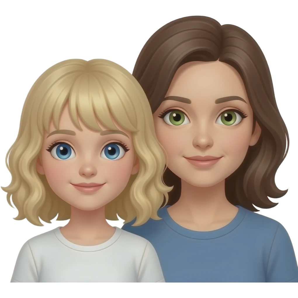 white kid blue eyes mid length hair to shoulders with bangs soft curly hair to shoulders in color: middle to little darker blond. With her mother, a mother white with hazel green eyes and level 7 hair brown to her chest emoji